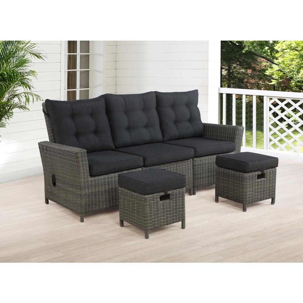 Asti All-Weather Wicker 3-Piece Outdoor Seating Set with Reclining Sofa and Two 15" Ottomans. Picture 2