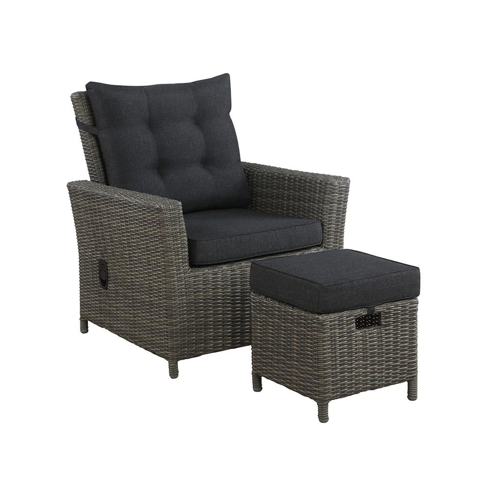 Asti All-Weather Wicker Outdoor Recliner with Cushion and 15" Ottoman with Cushion. Picture 1