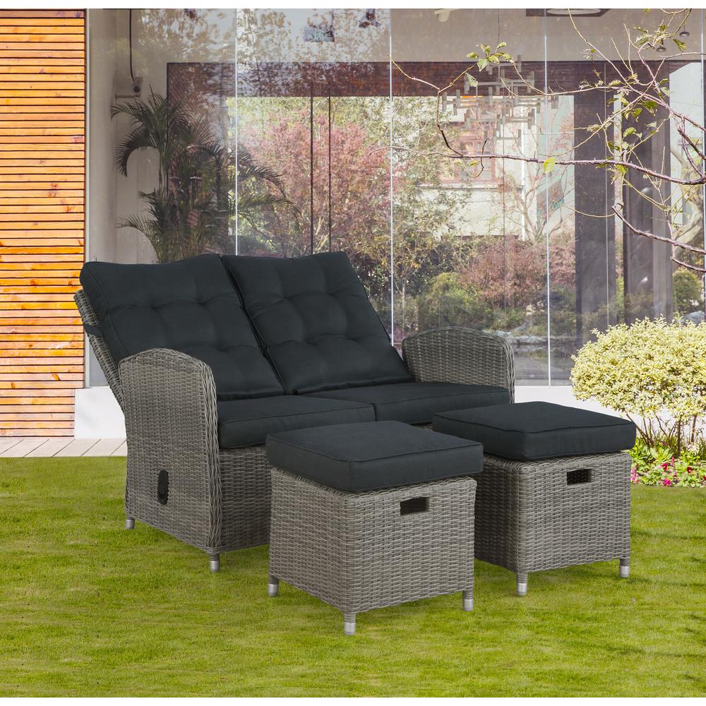 Monaco All-Weather 3-Piece Set with Two-Seat Reclining Bench and Two Ottomans. Picture 4