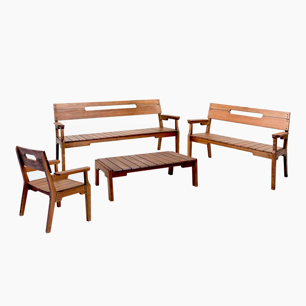 Otero Eucalyptus Wood Outdoor Set with 3-Seat Bench, 2-Seat Bench, Armchair and Coffee Table. Picture 1