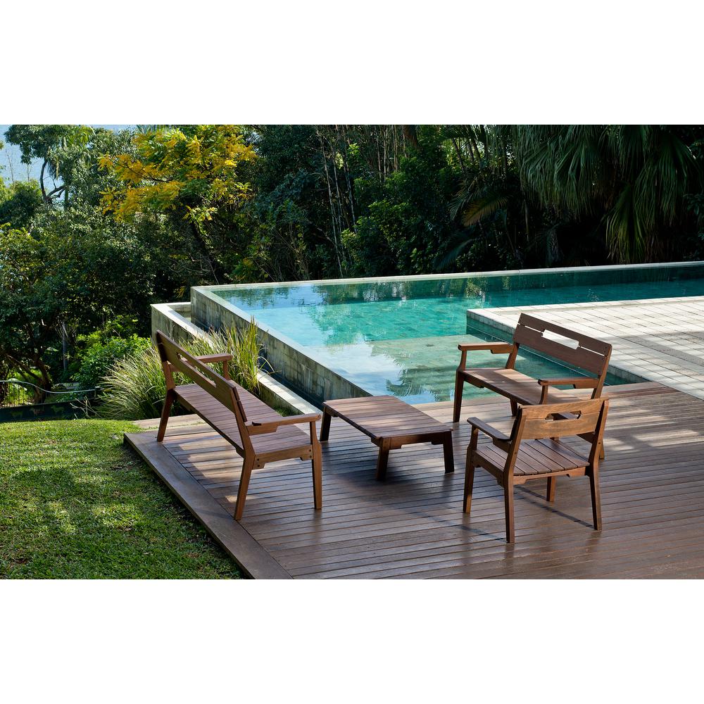 Otero Eucalyptus Wood Outdoor Set with 3-Seat Bench, 2-Seat Bench, Armchair and Coffee Table. Picture 16