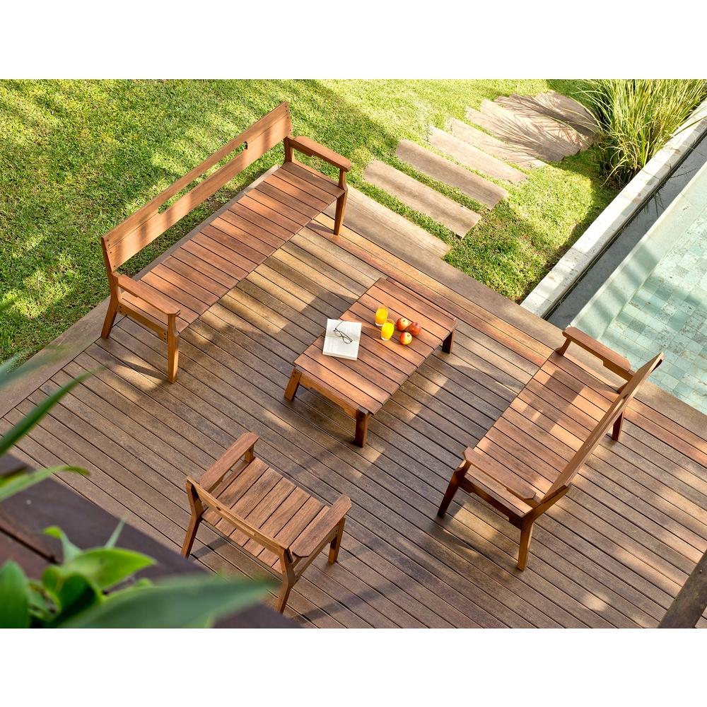 Otero Eucalyptus Wood Outdoor Set with 3-Seat Bench, 2-Seat Bench, Armchair and Coffee Table. Picture 19