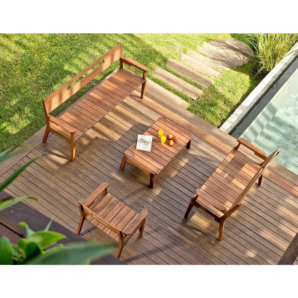 Otero Eucalyptus Wood Outdoor Set with 3-Seat Bench, 2-Seat Bench, Armchair and Coffee Table. Picture 5