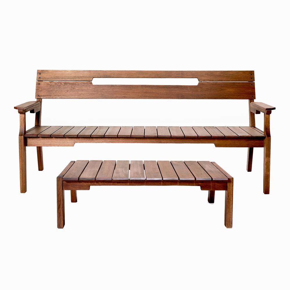 Otero Eucalyptus Wood Outdoor Conversation Seating Set with 3-Seat Bench and Coffee Table. Picture 1