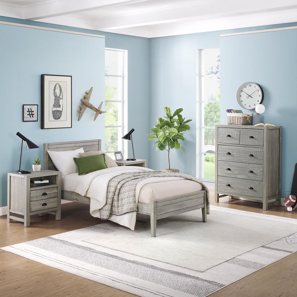 Windsor4-Piece Bedroom Set with Panel Twin Bed, 2 Nightstands, and 5-Drawer Chest, Gray. Picture 2