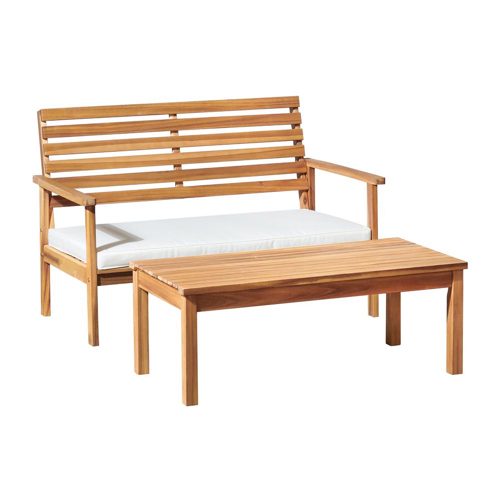 Orwell Outdoor Acacia Wood  Bench with Cushion and 15" H Cocktail Table, Set of 2. Picture 2