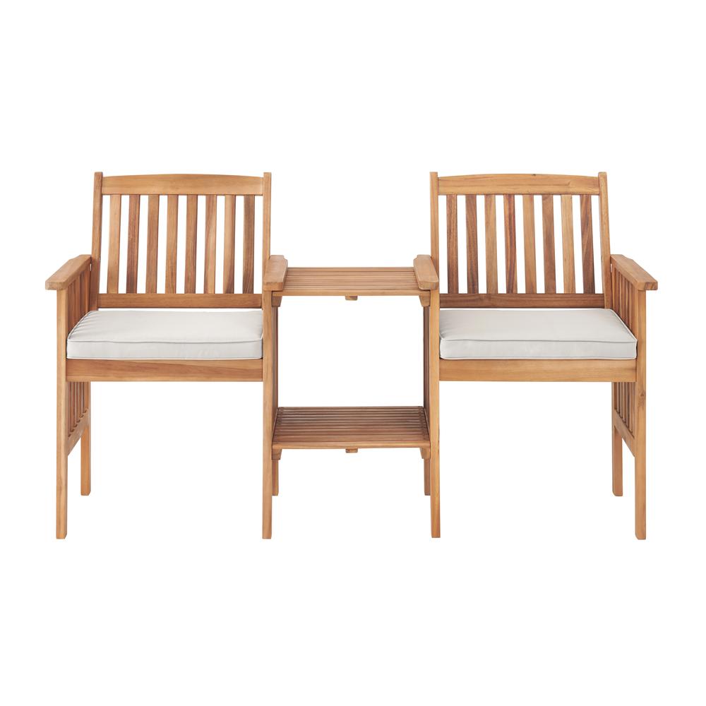 Bristol Acacia Wood Outdoor Double Seat Bench with Attached Table. Picture 3