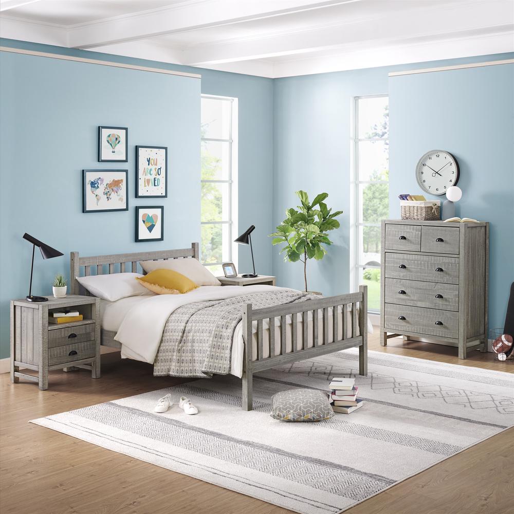 Windsor 4-Piece Bedroom Set with Slat Full Bed, 2 Nightstands, and 5-Drawer Chest, Gray. Picture 2