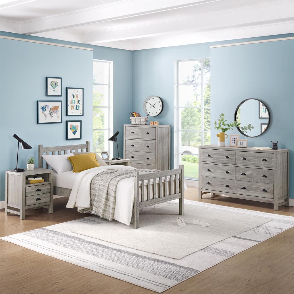 Windsor 5-Piece Bedroom Set with Slat Twin Bed, 2 Nightstands, 5-Drawer Chest  and 6-Drawer Dresser, Gray. Picture 2