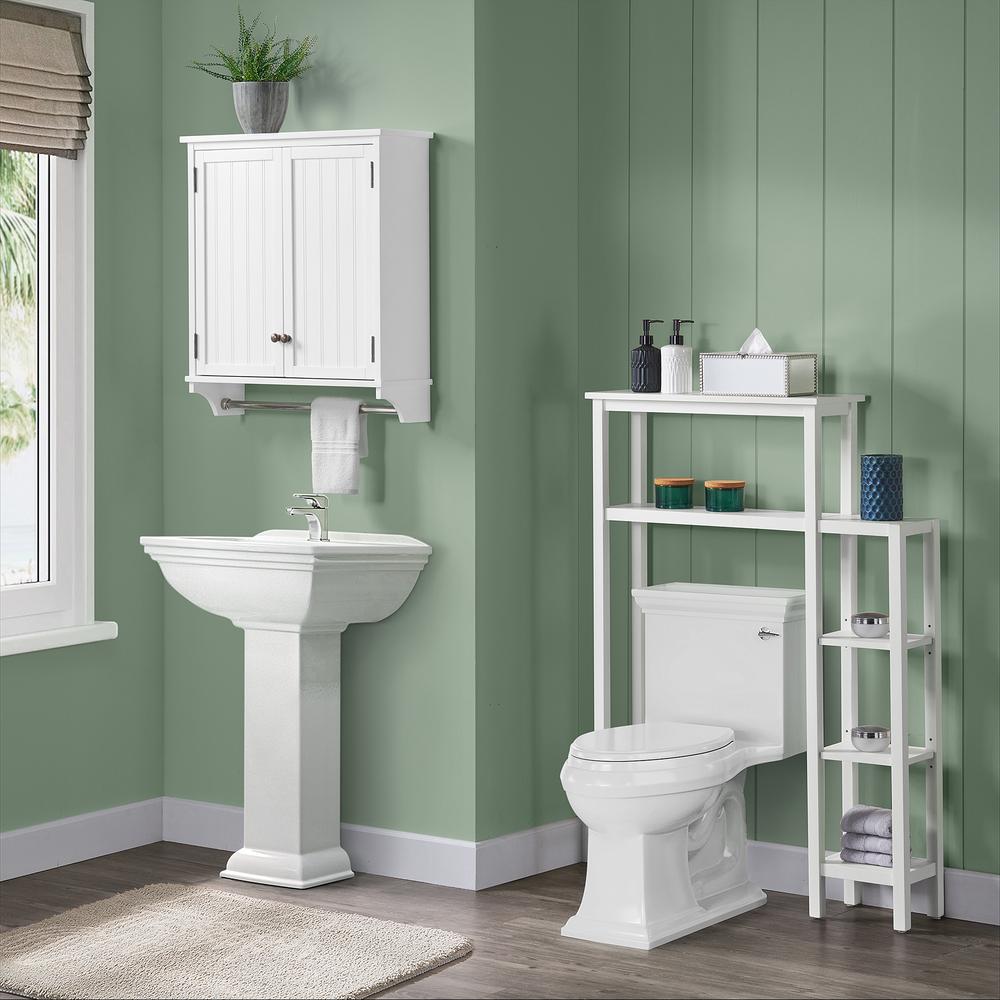 Dover Over Toilet Organizer with Side Shelving, Wall Mounted Bathroom Storage Cabinet with 2 Doors and Towel Rod. Picture 2