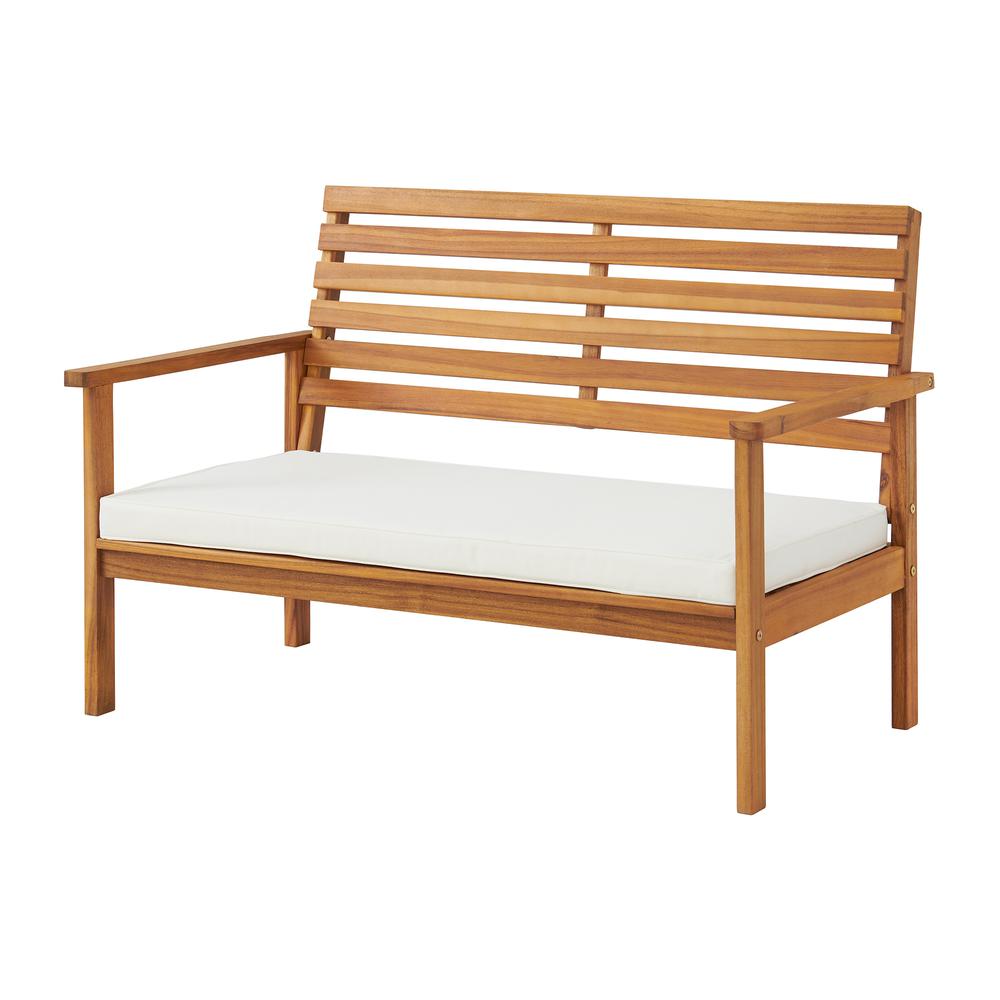 Orwell Outdoor Acacia Wood  Bench with Cushion and 15" H Cocktail Table, Set of 2. Picture 1