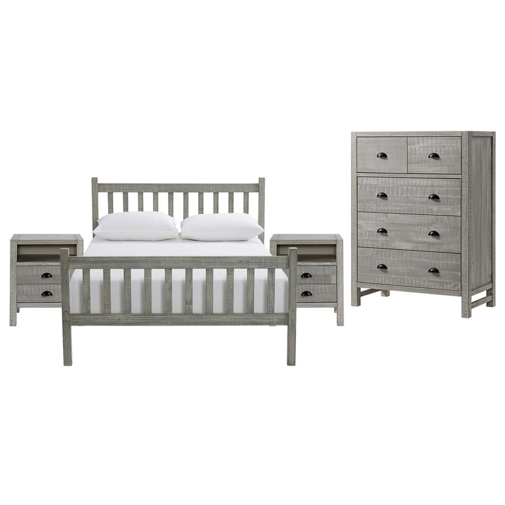 Windsor 4-Piece Bedroom Set with Slat Full Bed, 2 Nightstands, and 5-Drawer Chest, Gray. Picture 1