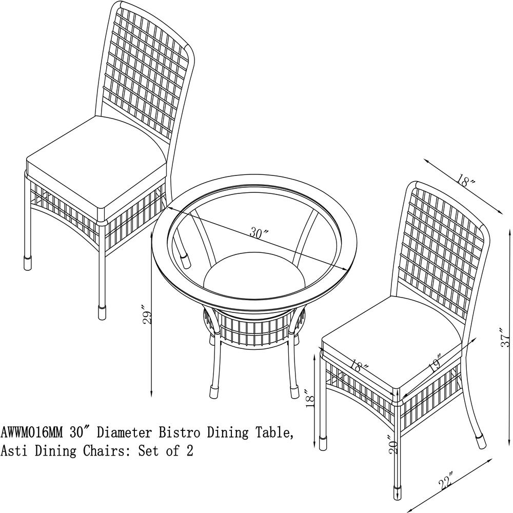 Carolina All-Weather Wicker 3-Piece Dining Set with 30" Diameter Bistro Dining Table and Two 37" H Dining Chairs. Picture 11