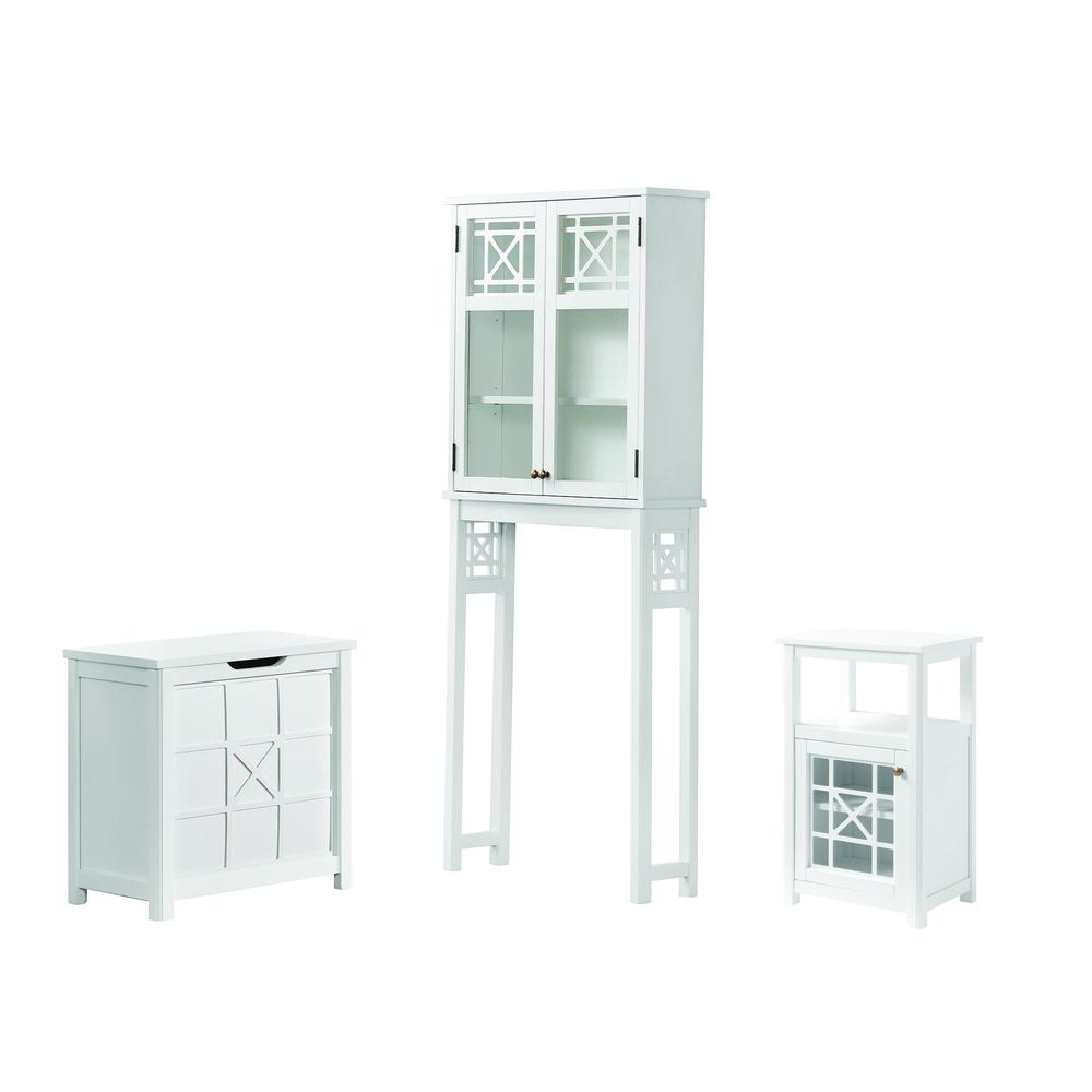 Derby 4-Piece Bathroom Set with Over Toilet Shelf, Wall Mounted Cabinet,  Hamper, and Floor Cabinet. Picture 1