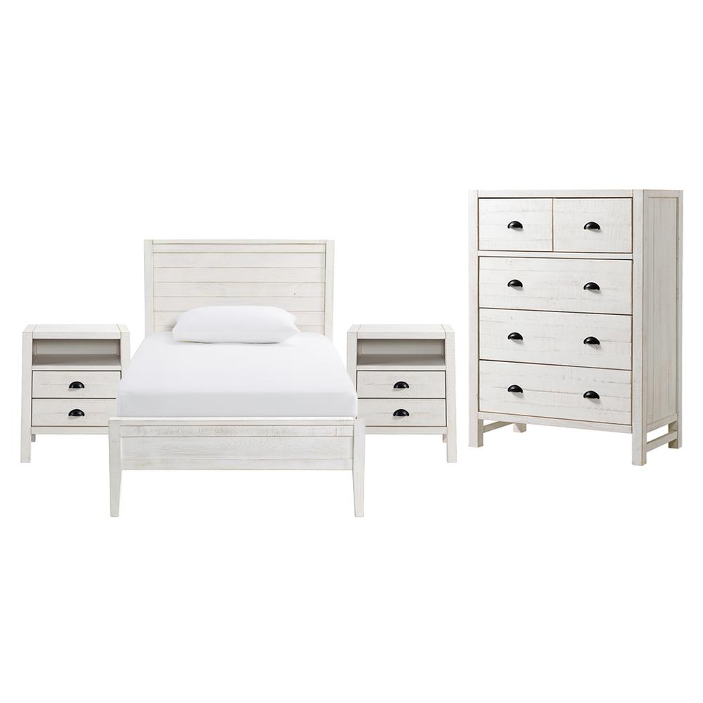 Windsor4-Piece Bedroom Set with Panel Twin Bed, 2 Nightstands, and 5-Drawer Chest, White. Picture 1