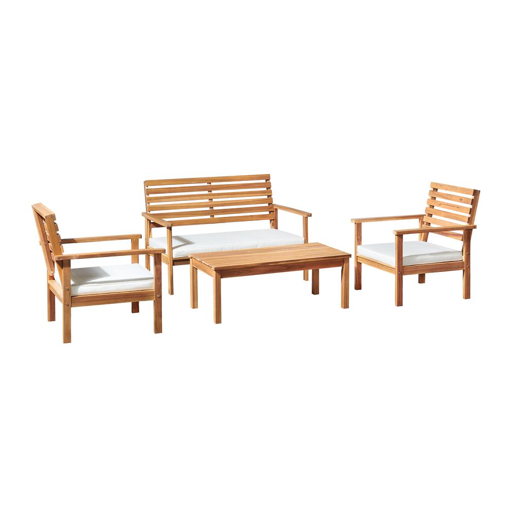 Orwell Outdoor Acacia Wood Conversation Set with Bench and Two Chairs with Cushions and Cocktail Table, Set of 4. Picture 2