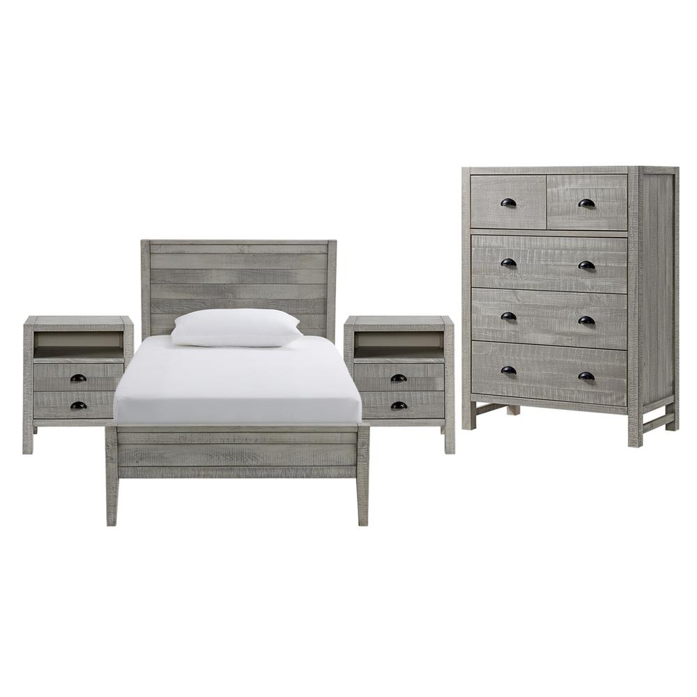 Windsor4-Piece Bedroom Set with Panel Twin Bed, 2 Nightstands, and 5-Drawer Chest, Gray. Picture 1