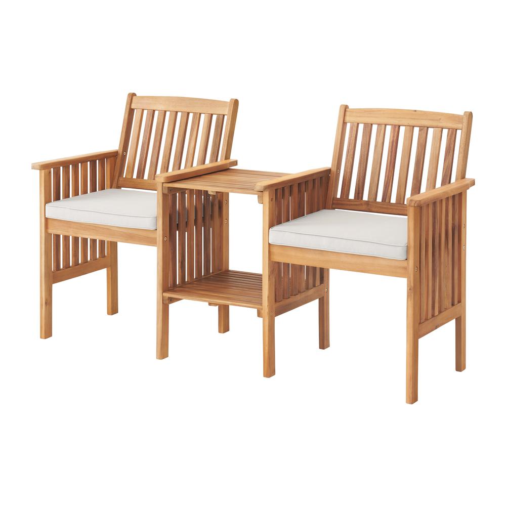 Bristol Acacia Wood Outdoor Double Seat Bench with Attached Table. Picture 2