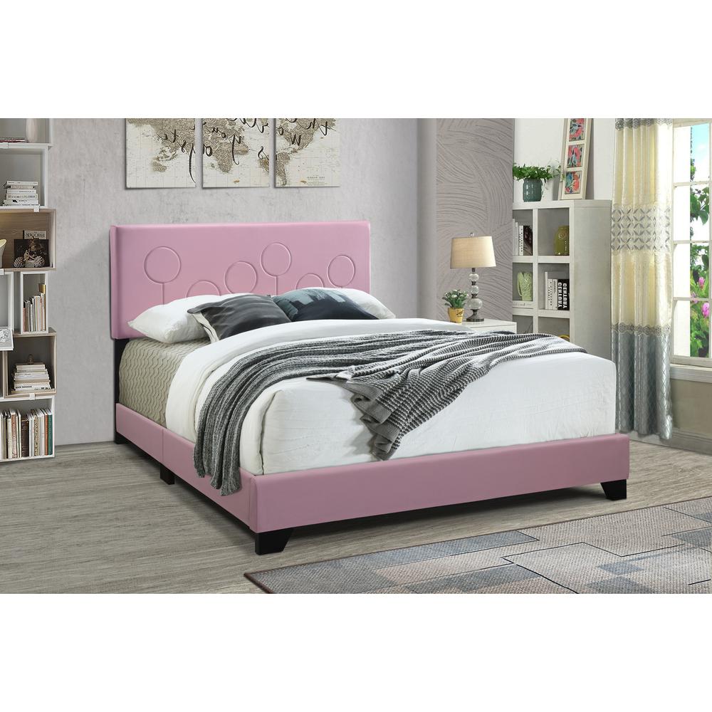 All-In-One Upholstered Queen Bed, Bubblegum Pink. Picture 1