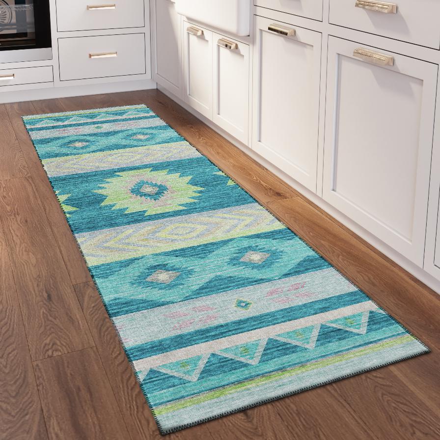 Indoor/Outdoor Sonora ASO33 Peacock Washable 2'3" x 7'6" Runner Rug. Picture 2