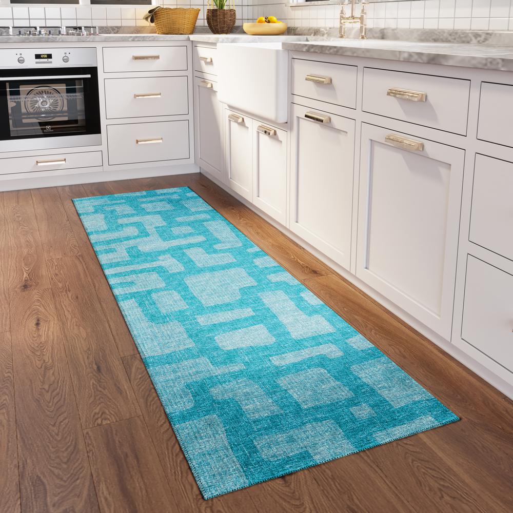 Yuma Turquoise Contemporary Geometric 2'3" x 7'6" Runner Rug Turquoise AYU34. Picture 1