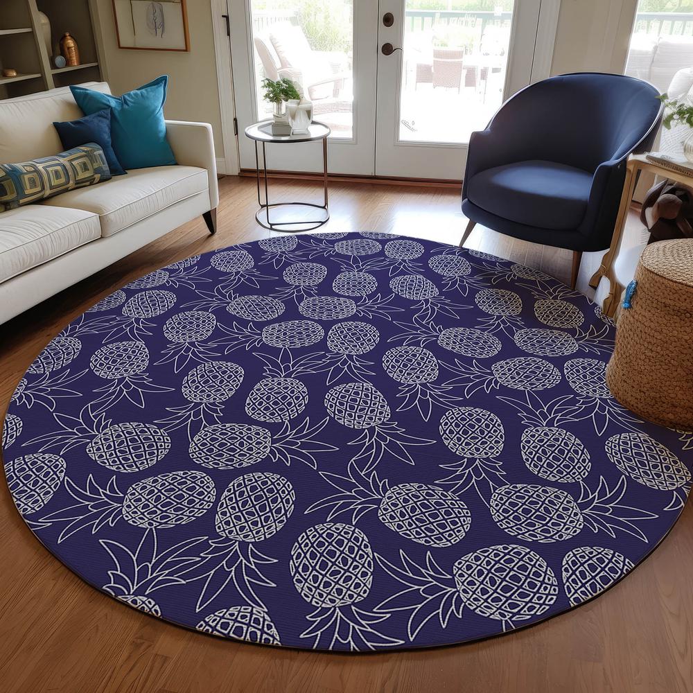 Indoor/Outdoor Kendall KE6 Navy Washable 8' x 8' Round Rug. Picture 6