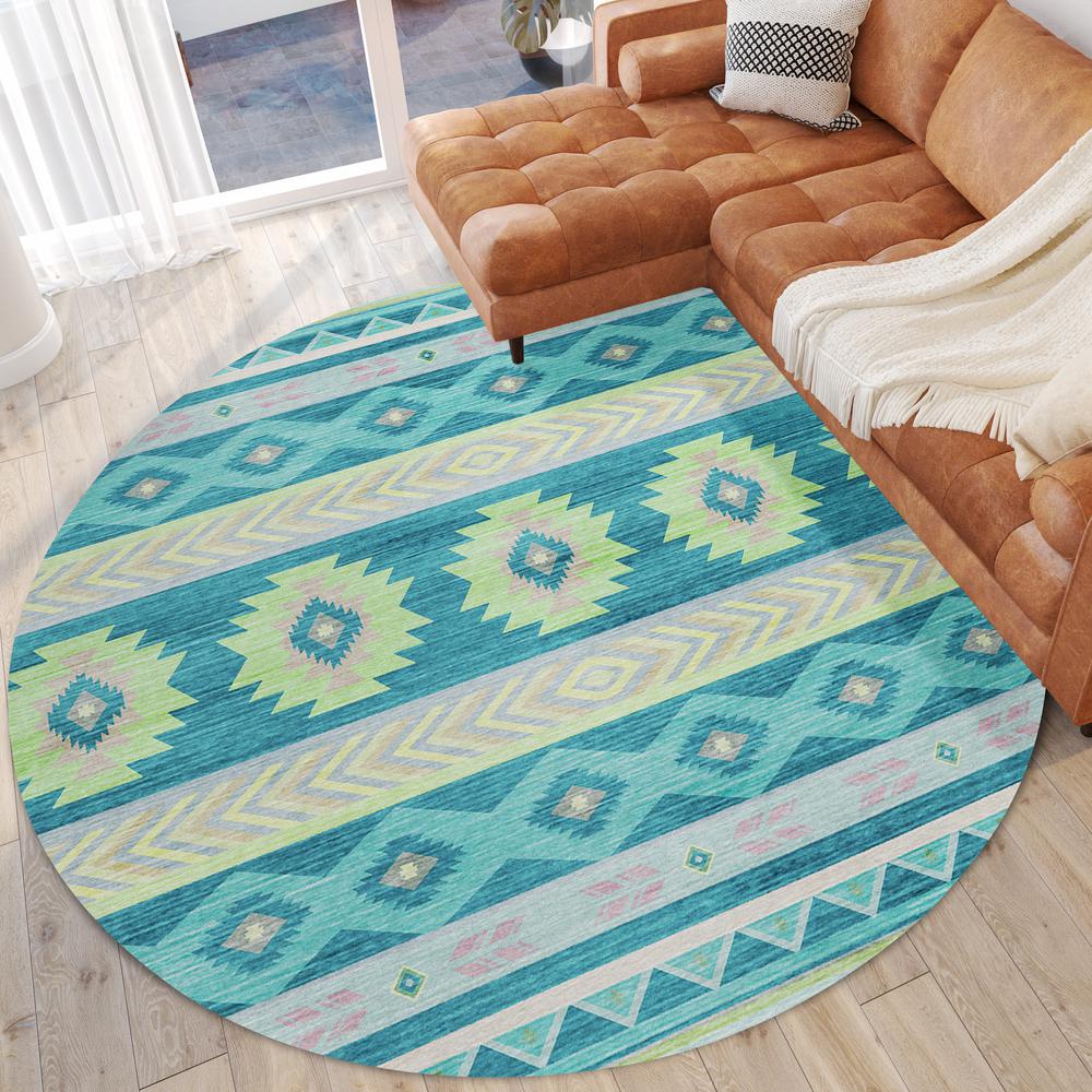 Indoor/Outdoor Sonora ASO33 Peacock Washable 8' x 8' Round Rug. Picture 2