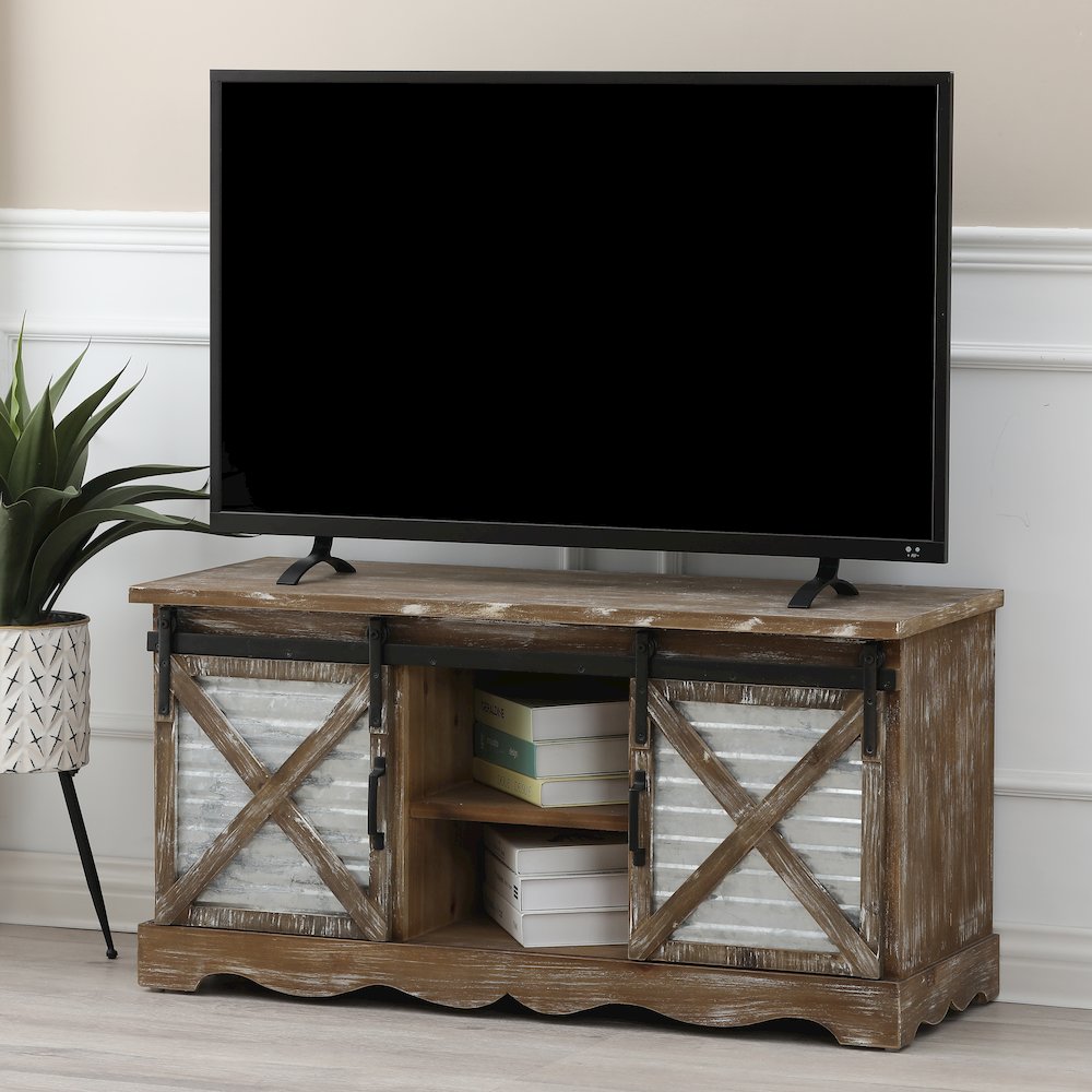 Farmhouse Sliding Doors Wood Storage TV Stand Bench. Picture 9