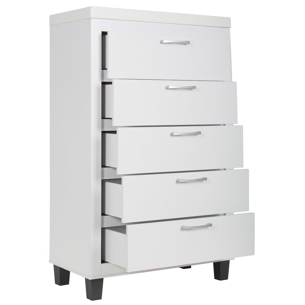 Better Home Products Elegant 5 Drawer Chest of Drawers for Bedroom in White. Picture 4