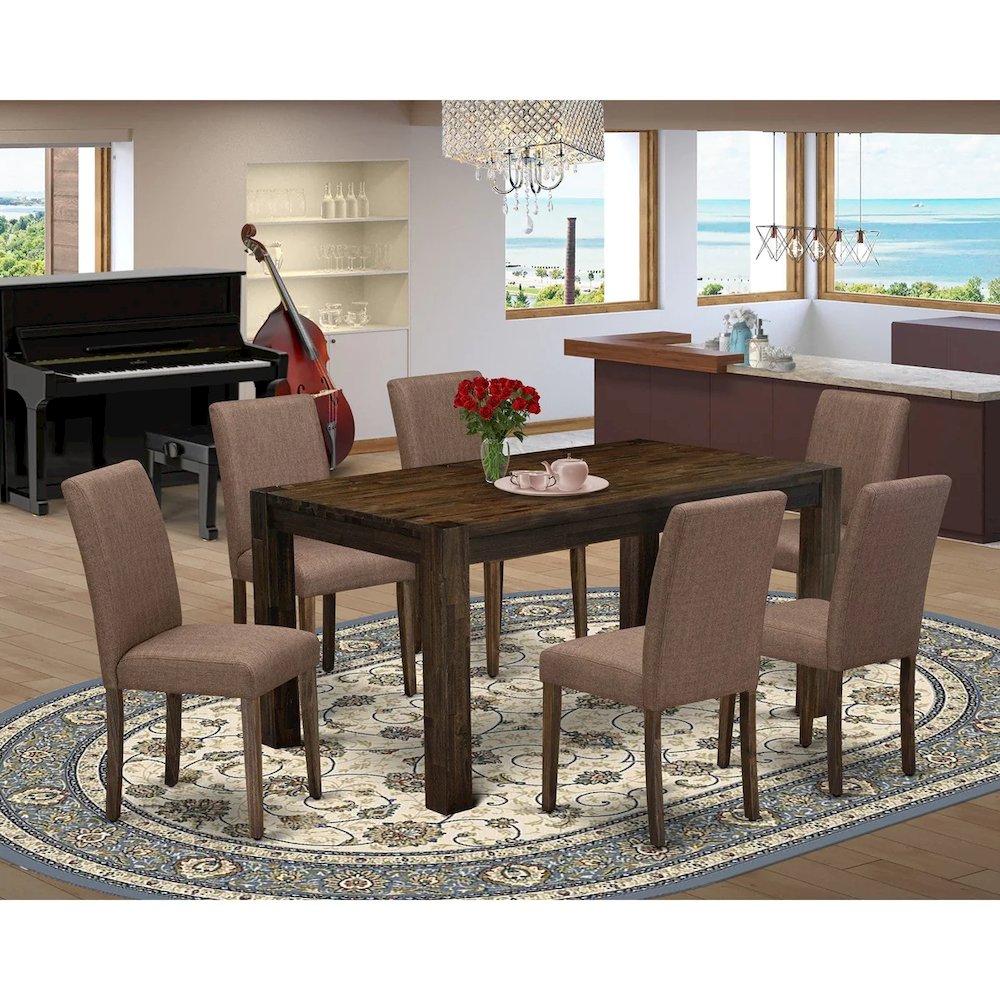 East West Furniture CNAB7-77-47 7Pc Dining Room Table Set Consists of a Rectangle Table and 6 Parson Chairs with Light Sable Color Linen Fabric, Medium Size Table with Full Back Chairs, Distressed Jac. Picture 1