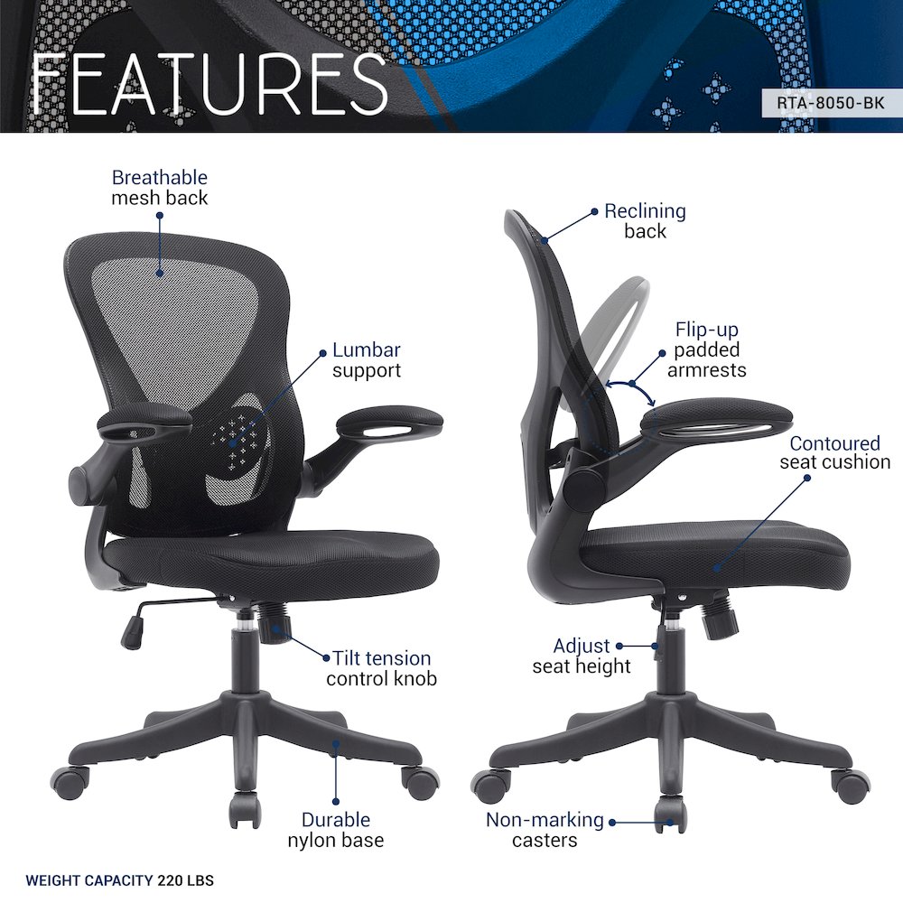 Techni Mobili Black Mesh Office Chair with Lumbar Support and Flip-Up Arms. Picture 8