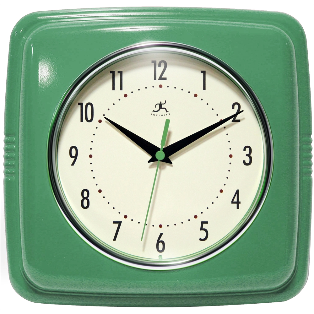 Infinity Instruments 9" Square Retro Clock, Green. Picture 1