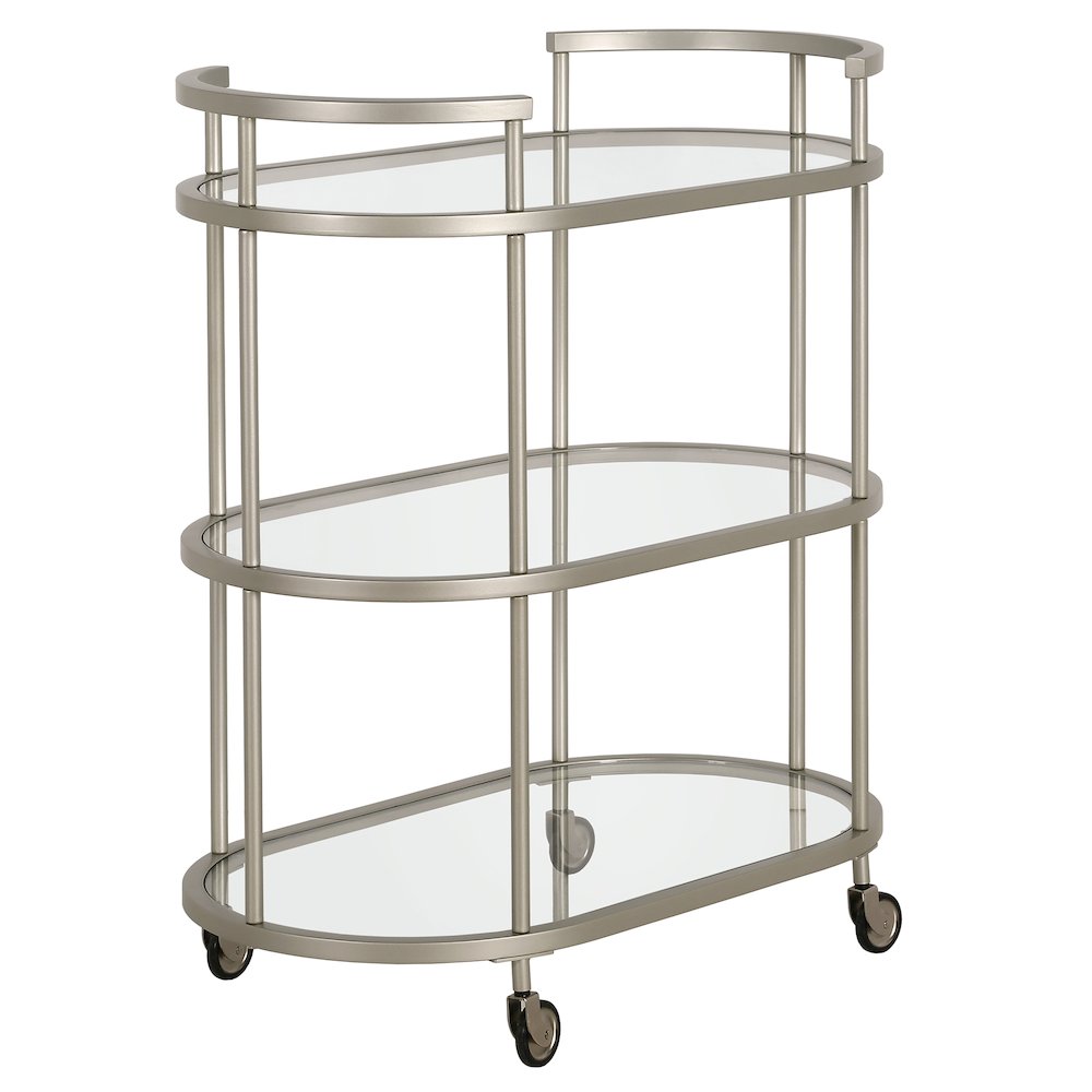 Leif 30'' Wide Oval Bar Cart in Satin Nickel. Picture 1