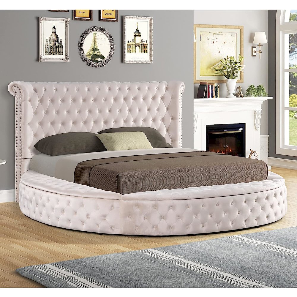 Best Master Furniture Isabella Velvet Round Queen Bed with Storage in Beige. Picture 2