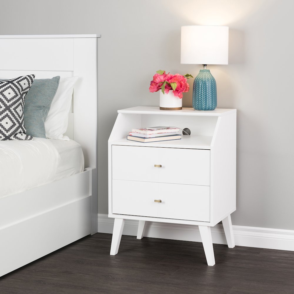 Milo 2 Drawer Night Stand with Angled Top, White. Picture 2