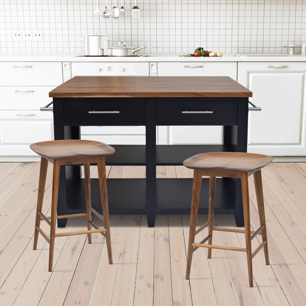 Hilton Black Kitchen Island Set with Natural Stools. Picture 1