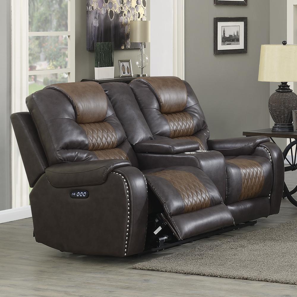 Power Reclining Loveseat with Console - Brown, Brown vinyl. Picture 1