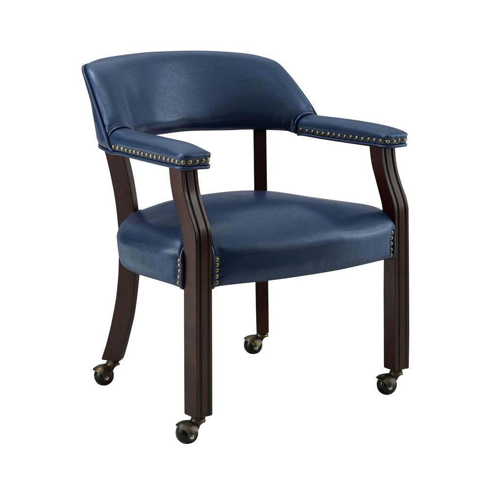 Arm Chair with casters, Frame: Multi-Step Rich Cherry Finish/Navy Vinyl Upholstery. Picture 1
