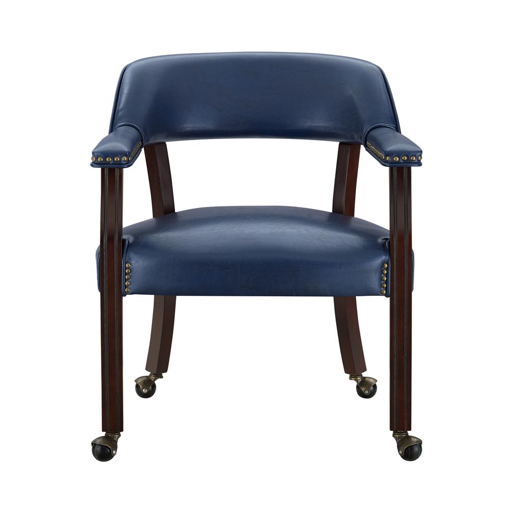 Arm Chair with casters, Frame: Multi-Step Rich Cherry Finish/Navy Vinyl Upholstery. Picture 2