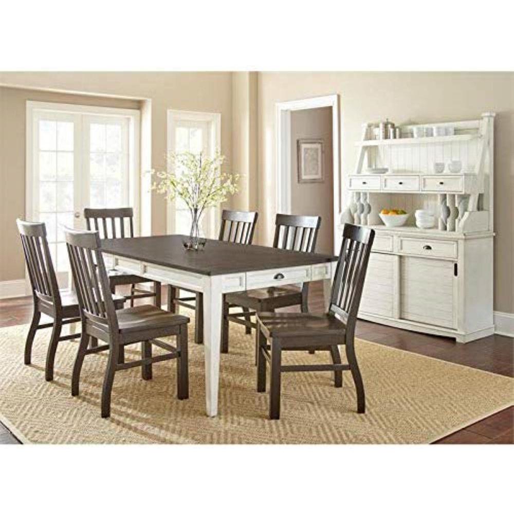 7 Pc Dining Set, Distressed antique white base, dark oak top. Picture 1