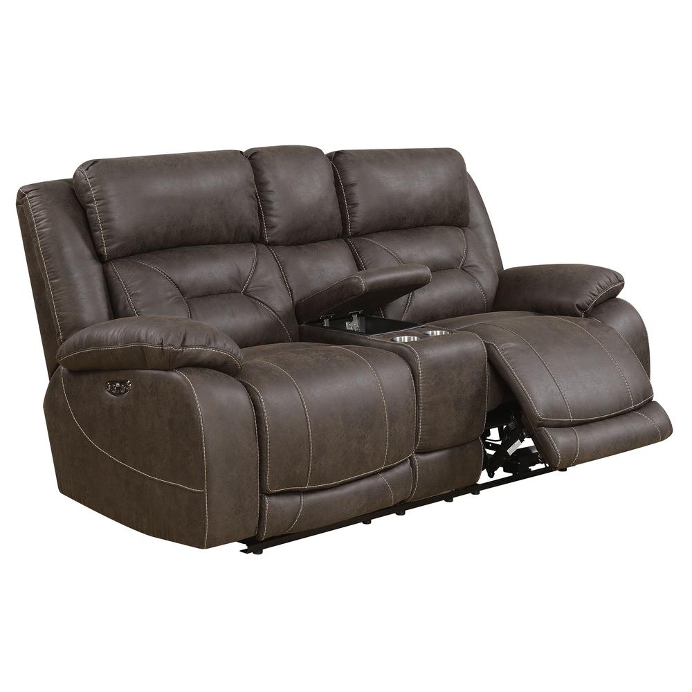 Aria Power Recliner Loveseat w/ Console and Power Head Rest - Saddle Brown. Picture 3