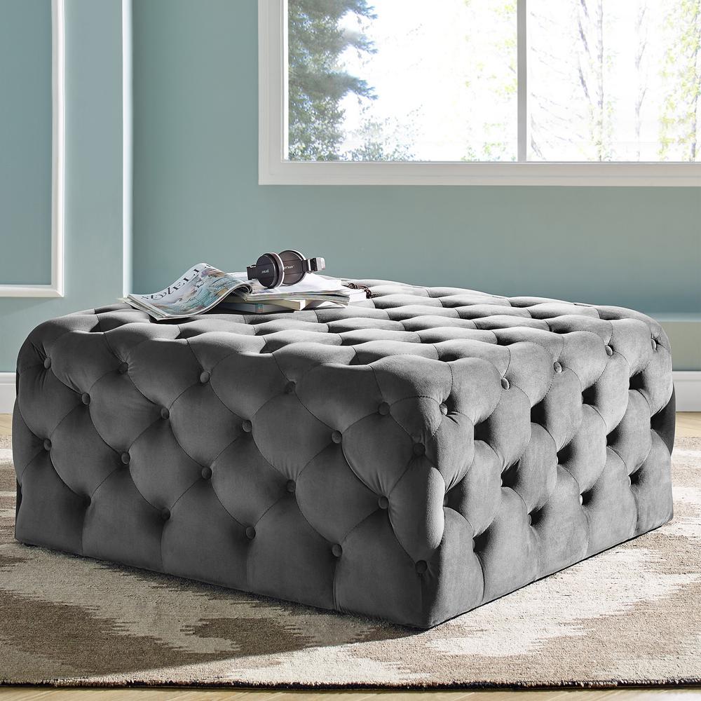 Belham Square Tufted Ottoman - Charcoal. Picture 2