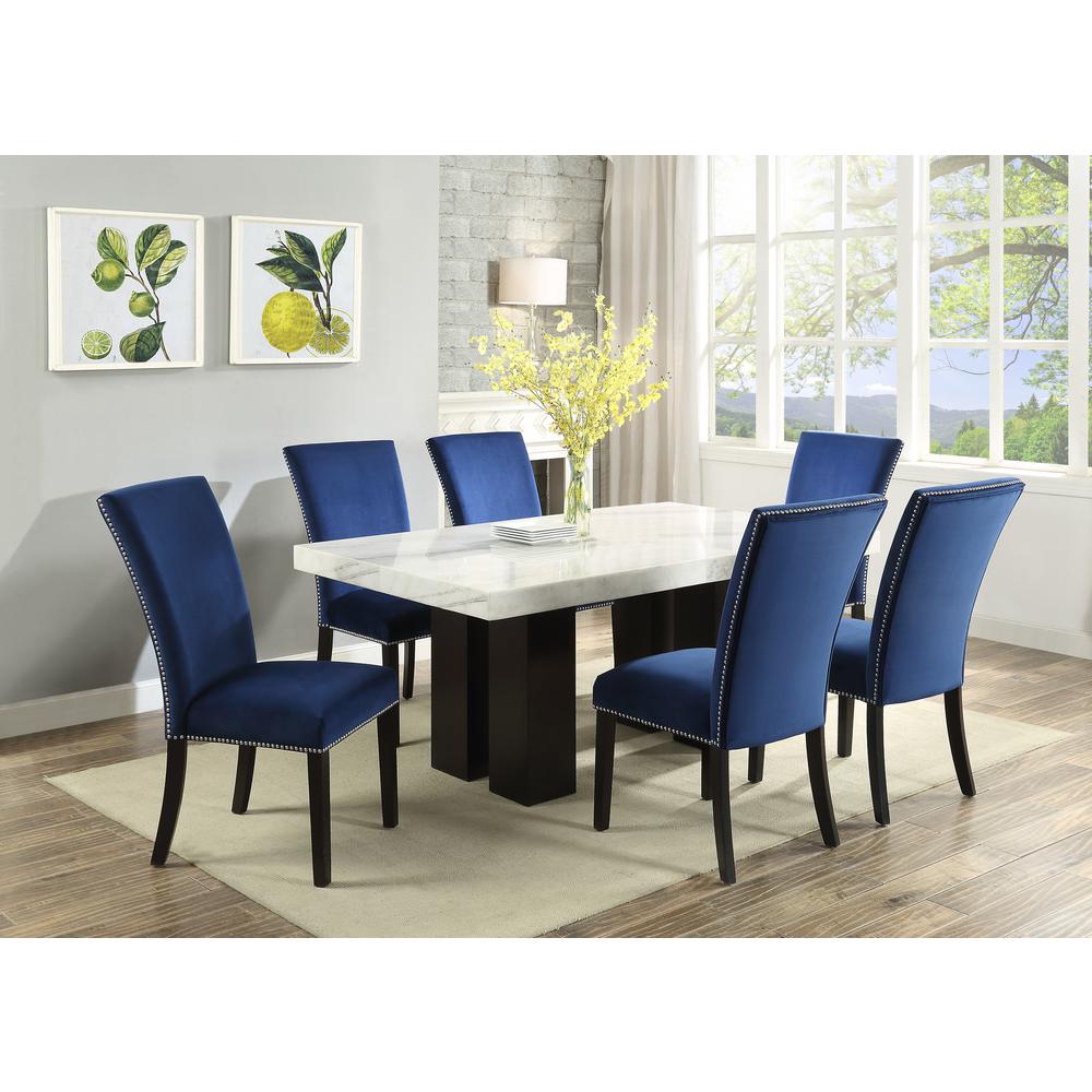 Rectangle Dining Set 7pc - Blue Velvet Chairs, White/espresso. Picture 1