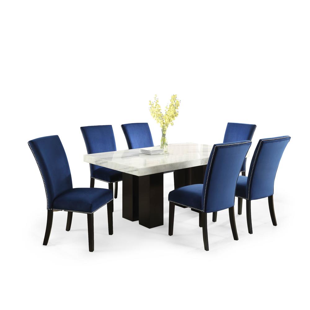 Rectangle Dining Set 7pc - Blue Velvet Chairs, White/espresso. Picture 2
