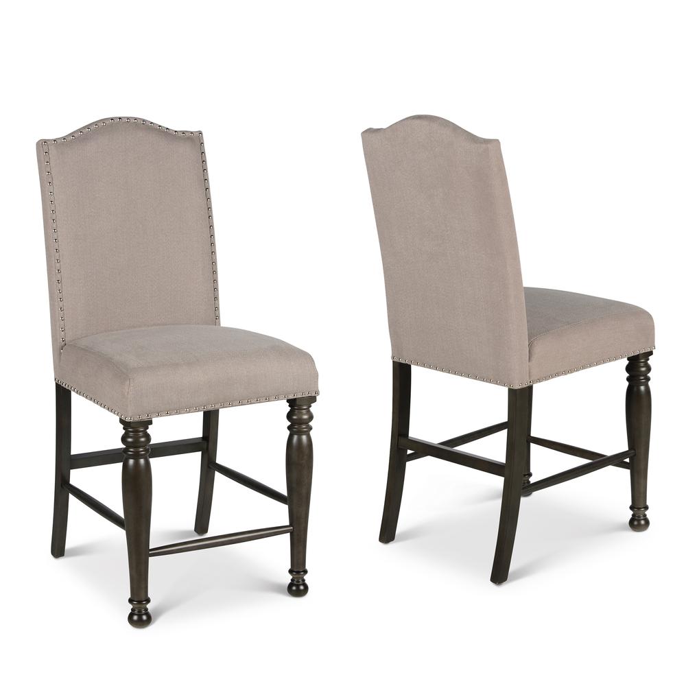 Counter Chair - set of 2, Light stone upholstery, frame is Harbor Grey with Light wormhole distressing. Picture 12