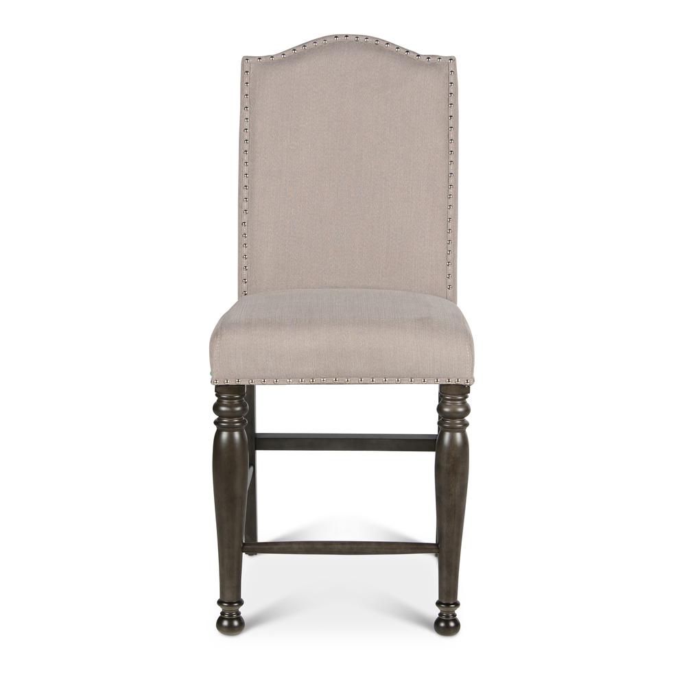 Counter Chair - set of 2, Light stone upholstery, frame is Harbor Grey with Light wormhole distressing. Picture 13