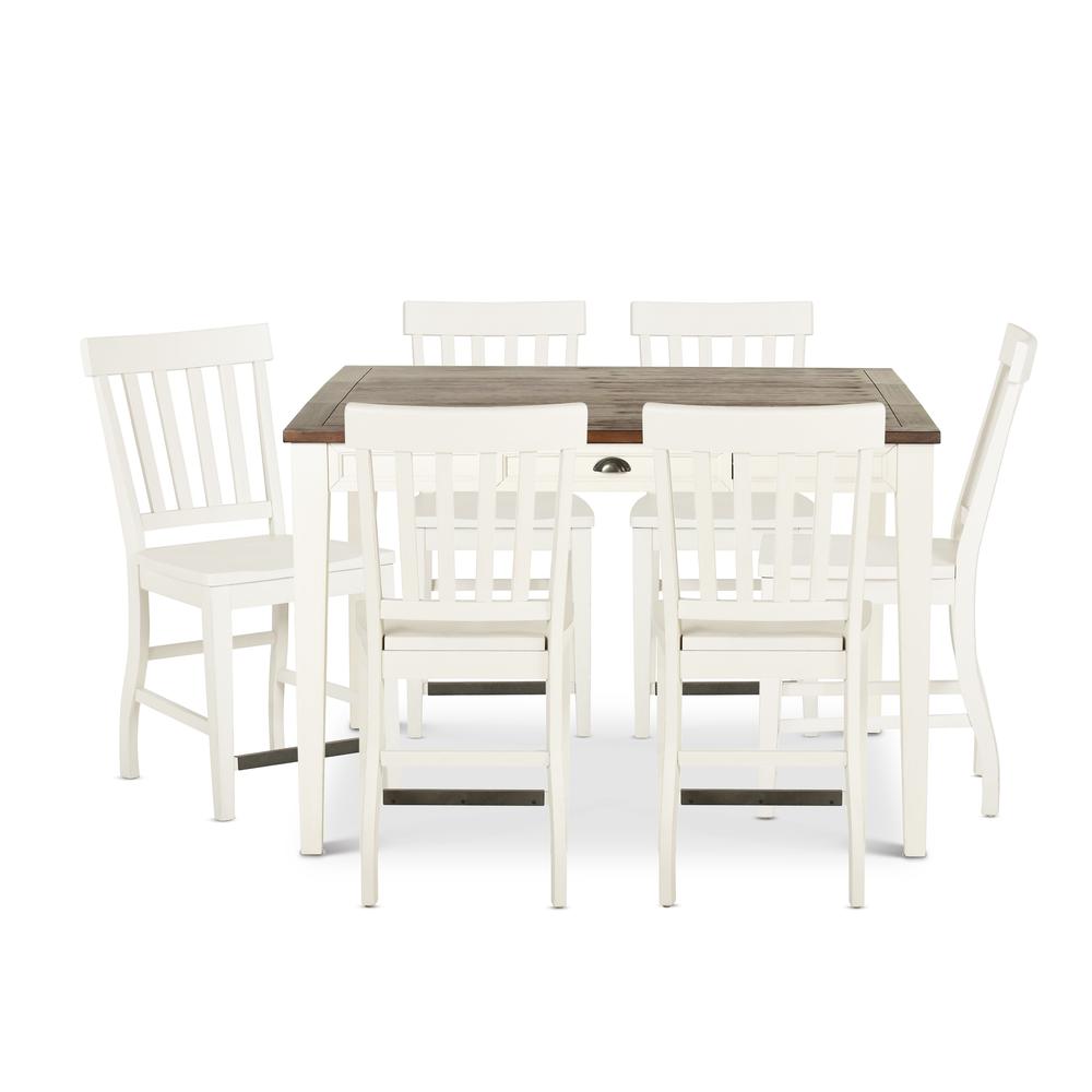 7 Pc Counter Height Dining Set, Distressed antique white base, dark oak top. Picture 1