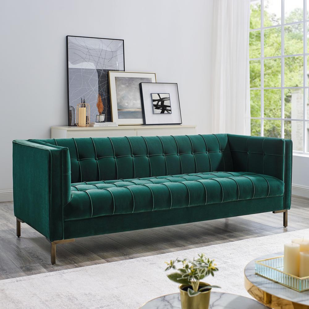 Isaac Channel Stitch Green Velvet Sofa. Picture 2