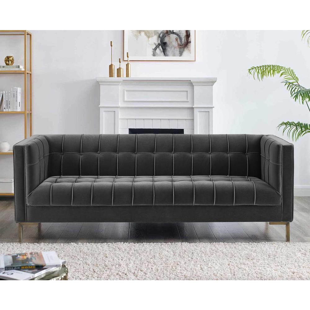 Isaac Channel Stitch Gray Velvet Sofa. Picture 2