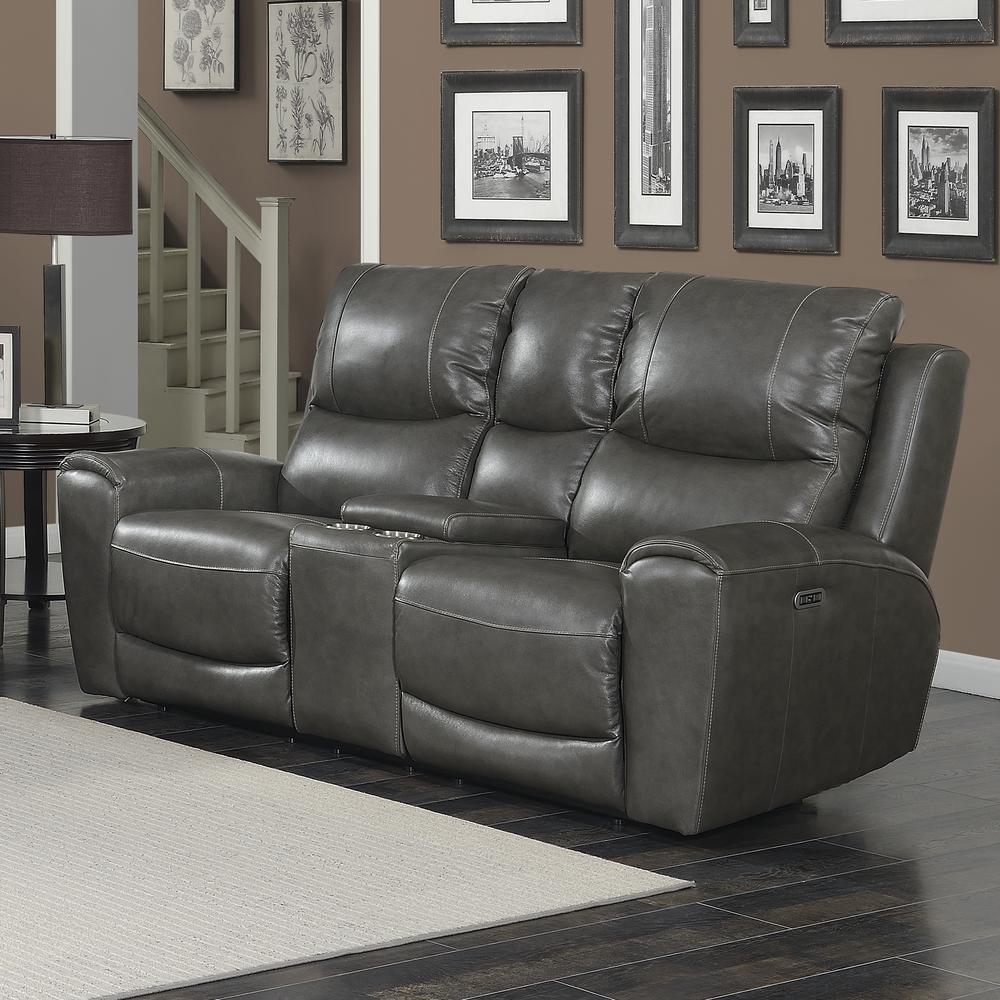 Power Reclining Console Loveseat - Grey, Grey Leather. The main picture.